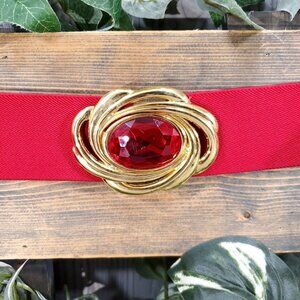 Vintage 70s 80s Red Elastic Gold Enamel Belt Wide Large Statement Art Deco
